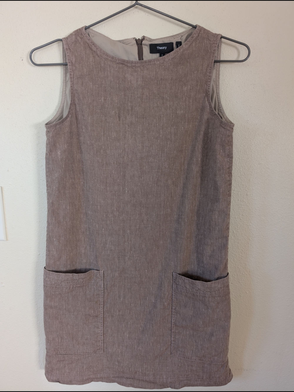 Theory Sleeveless Taupe Shift Dress with Front Pockets Size 0